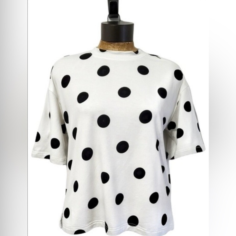 Rachel Zoe Large Black Polka Dot Stretch Jersey Knit Mock Crewneck Top Medium.